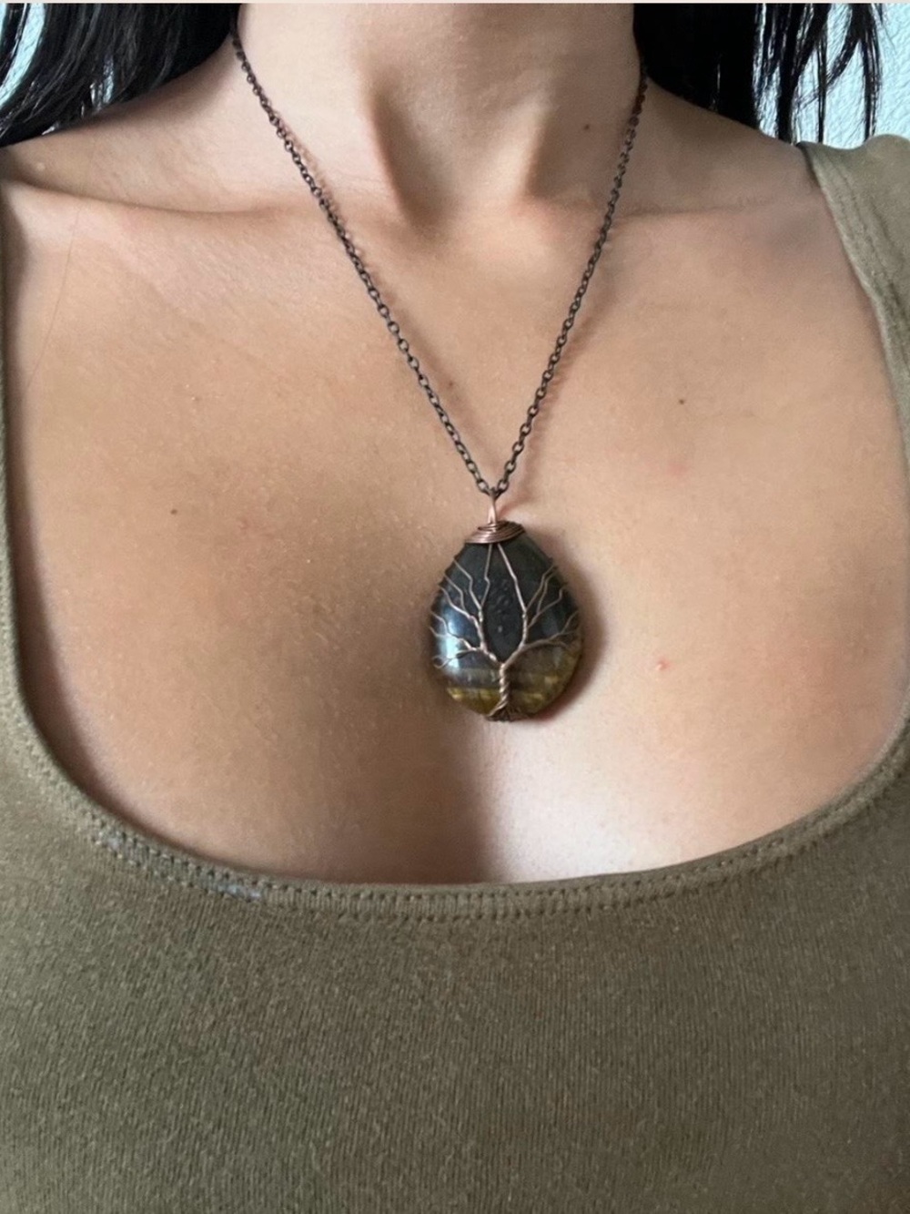 Tigers Eye Stone Tree Pendant Necklace